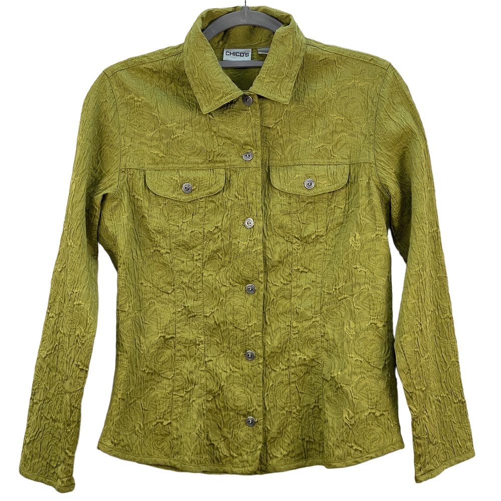 Chicos Bright Green Floral Embossed Button-Up Shirt Jacket Size 0